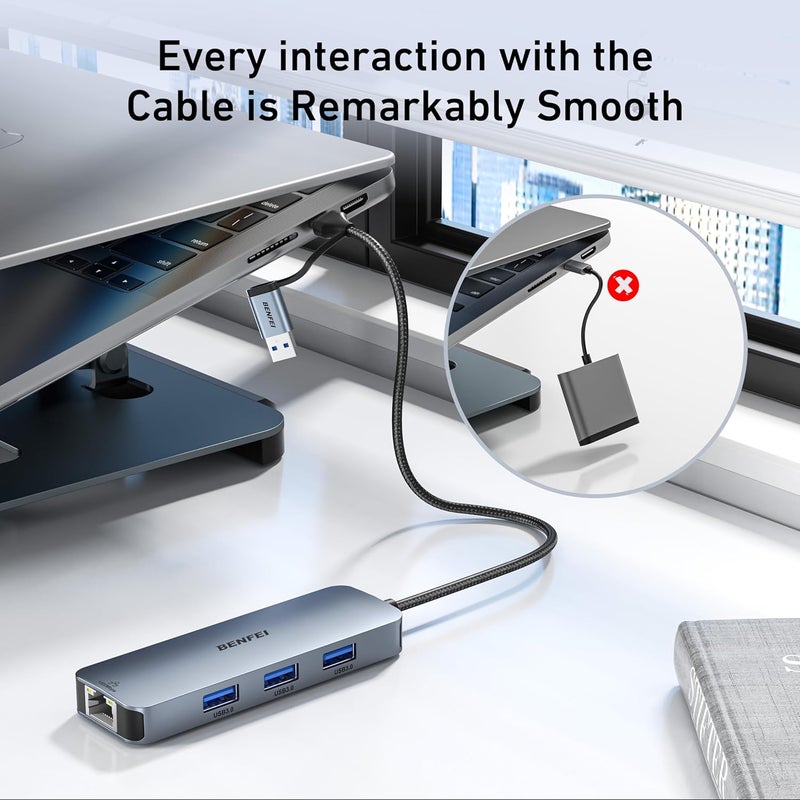 Benfei USB-C USB 3.0 to Gigabit Ethernet Adapter, 3-Port USB 3.0 Hub with RJ45 Compatible with MacBook Pro/Air 2023, iPad Pro, iMac, S23, XPS 17, Surface Book 3 and More - Image 3